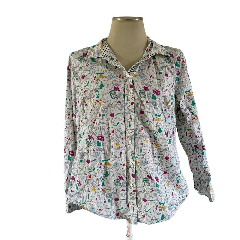 Talbots NYC New York Button Up Top Sz L Novelty Print